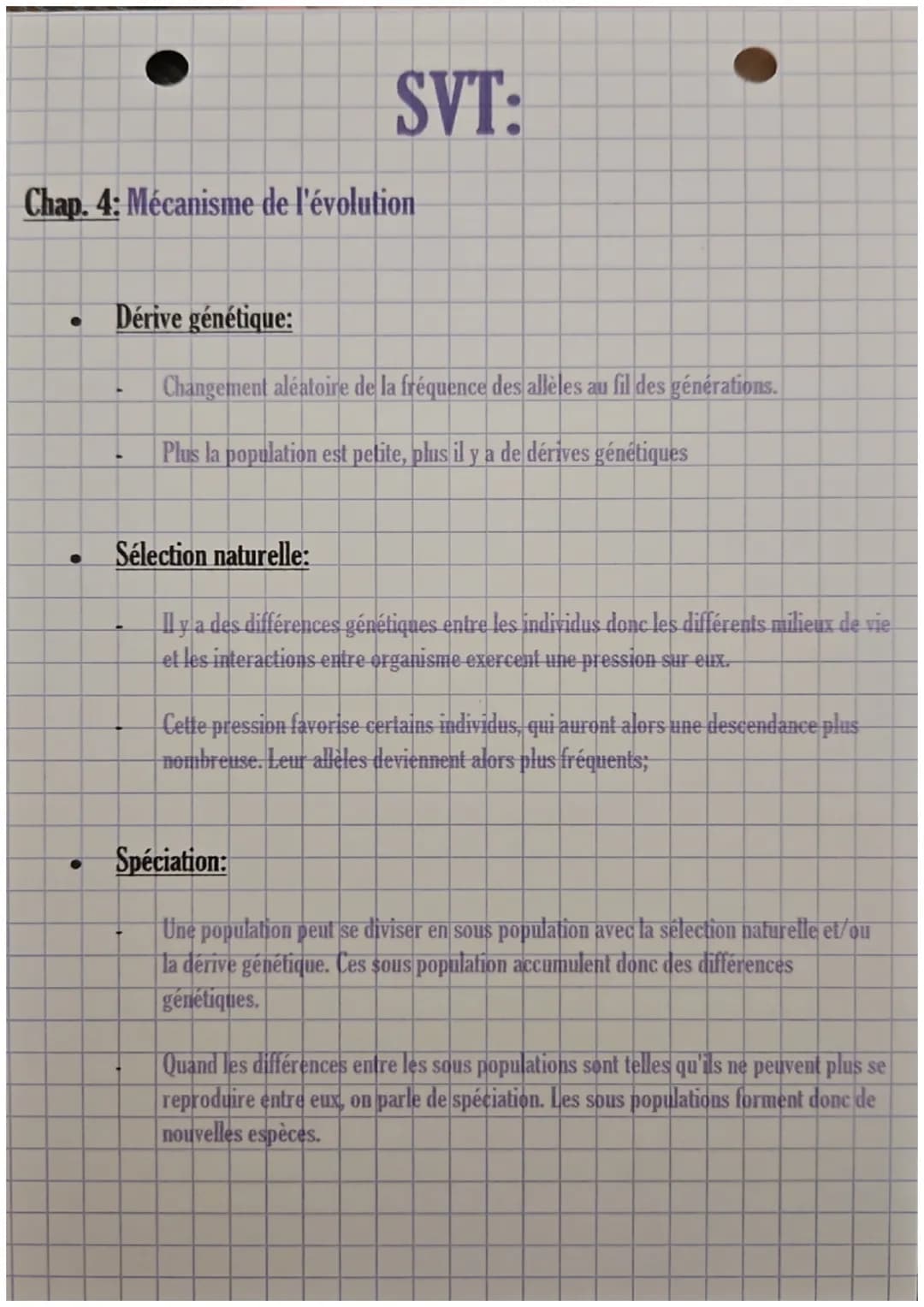 Chap. 4: Mécanisme de l'évolution
●
●
●
SVT:
Dérive génétique:
Changement aléatoire de la fréquence des allèles au fil des générations.
Plus
