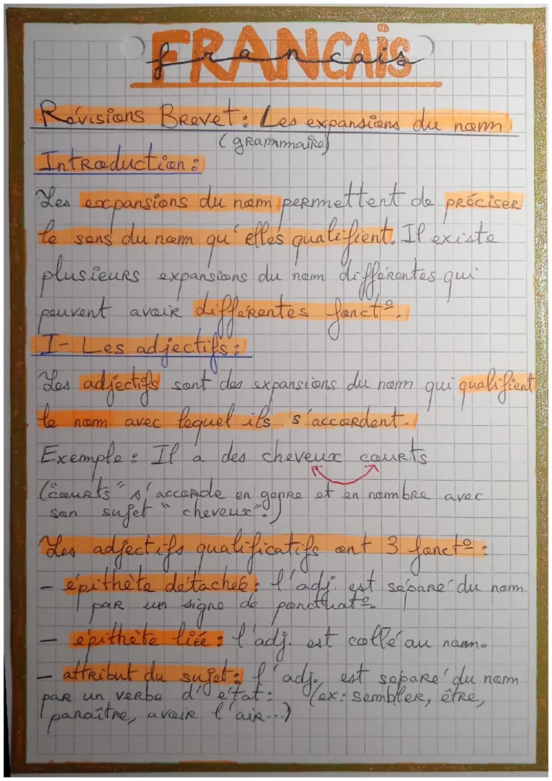 # FRANCAIS

Révisions Brevet: Les expansions du nom
(grammaire)

Introduction:

Les expansions du nom permettent de préciser
le sens du nom 