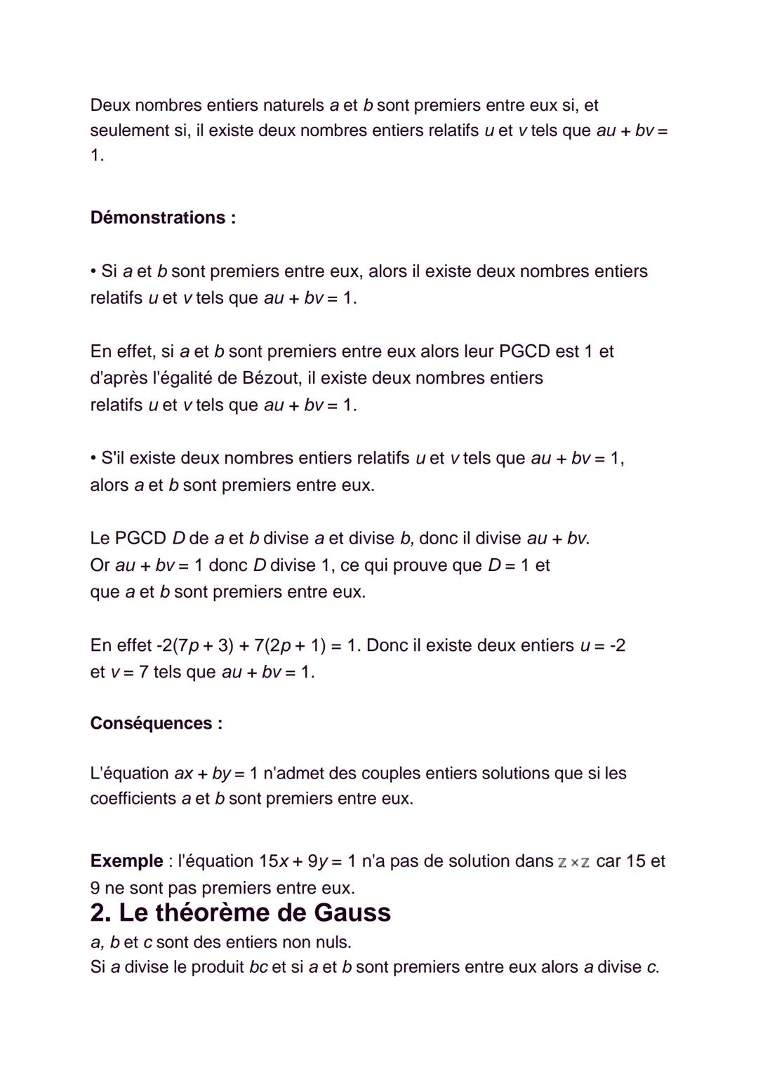 # 1. Théorème de Bézout

a. Egalité de Bézout

Soient deux nombres naturels a et b.

Si D est leur PGDC (Plus Grand Commun Diviseur) alors i