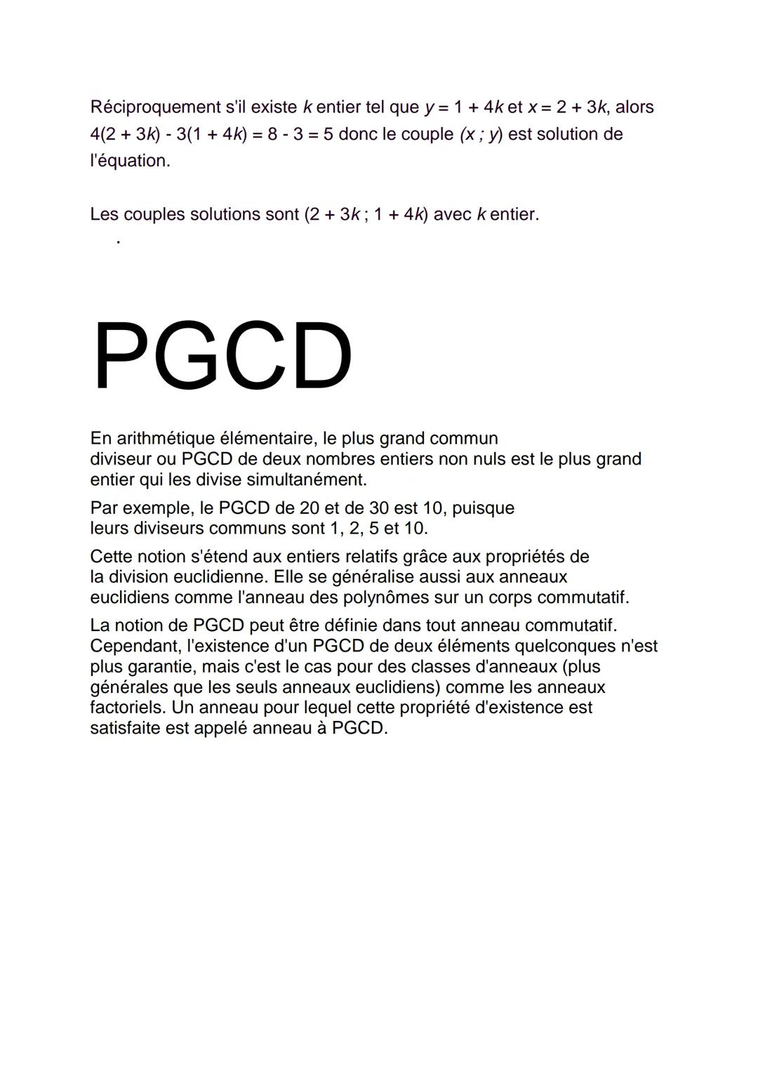 # 1. Théorème de Bézout

a. Egalité de Bézout

Soient deux nombres naturels a et b.

Si D est leur PGDC (Plus Grand Commun Diviseur) alors i
