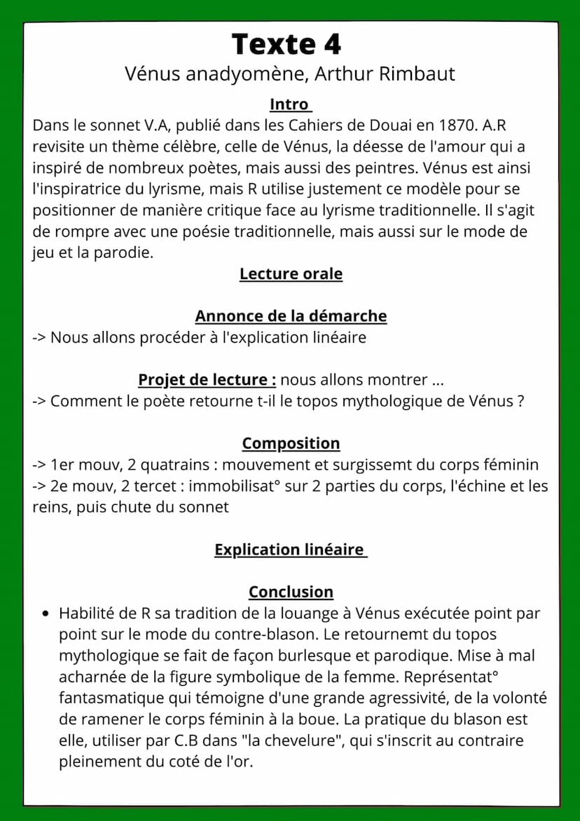Texte 4
Vénus anadyomène, Arthur Rimbaut
Intro
Dans le sonnet V.A, publié dans les Cahiers de Douai en 1870. A.R
revisite un thème célèbre, 