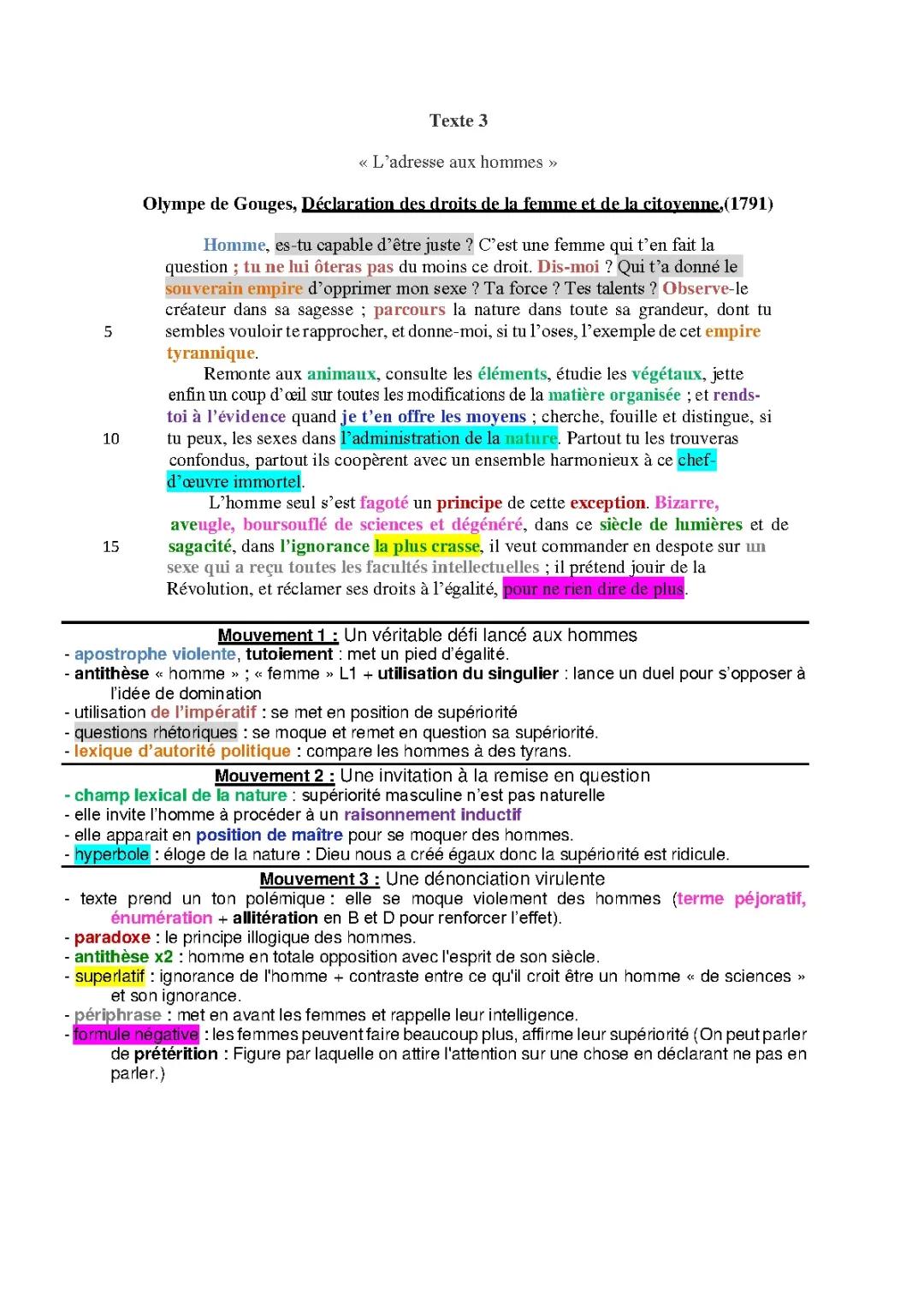 Fiche de lecture : Déclaration des droits de la femme et de la citoyenne - Analyse linéaire et résumé d'Olympe de Gouges