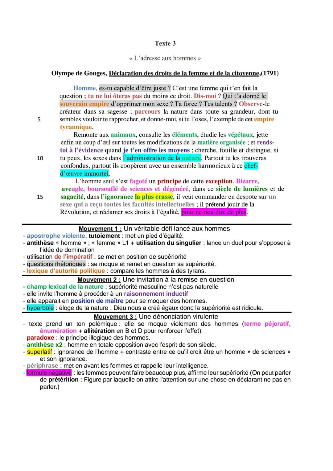 5
10
15
Texte 3
<< L'adresse aux hommes >>
Olympe de Gouges, Déclaration des droits de la femme et de la citovenne,(1791)
Homme, es-tu capab
