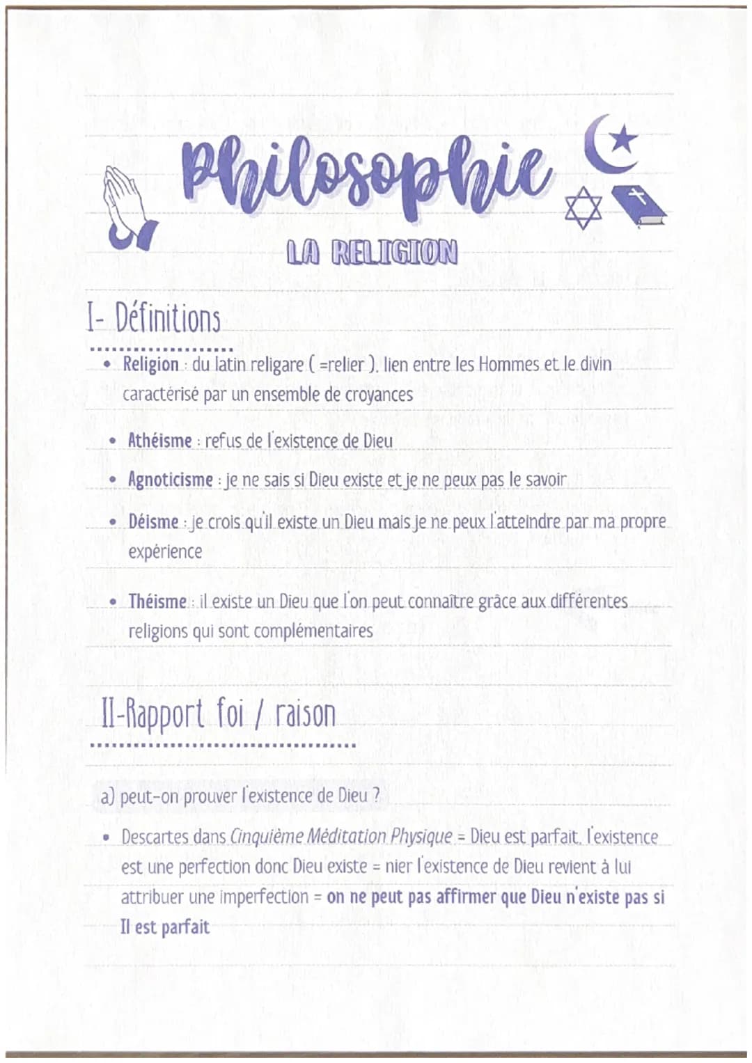 Philosophic &
LA RELIGION
I- Définitions
Religion du latin religare (=relier), lien entre les Hommes et le divin
caractérisé par un ensemble
