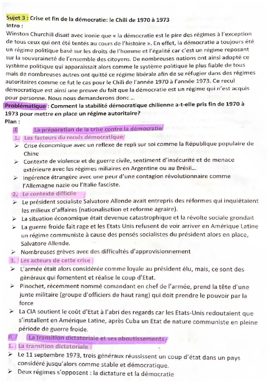 Fiche de Révision sur le Chili de 1970 à 1973 