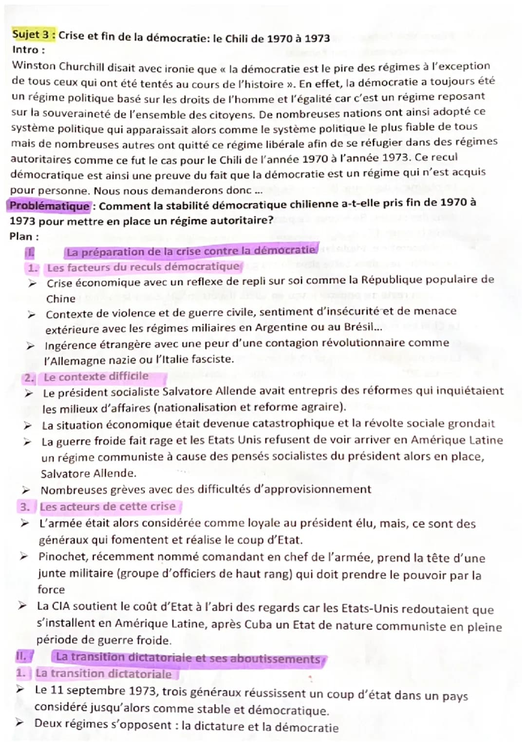 Sujet 3: Crise et fin de la démocratie: le Chili de 1970 à 1973
Intro :
Winston Churchill disait avec ironie que « la démocratie est le pire