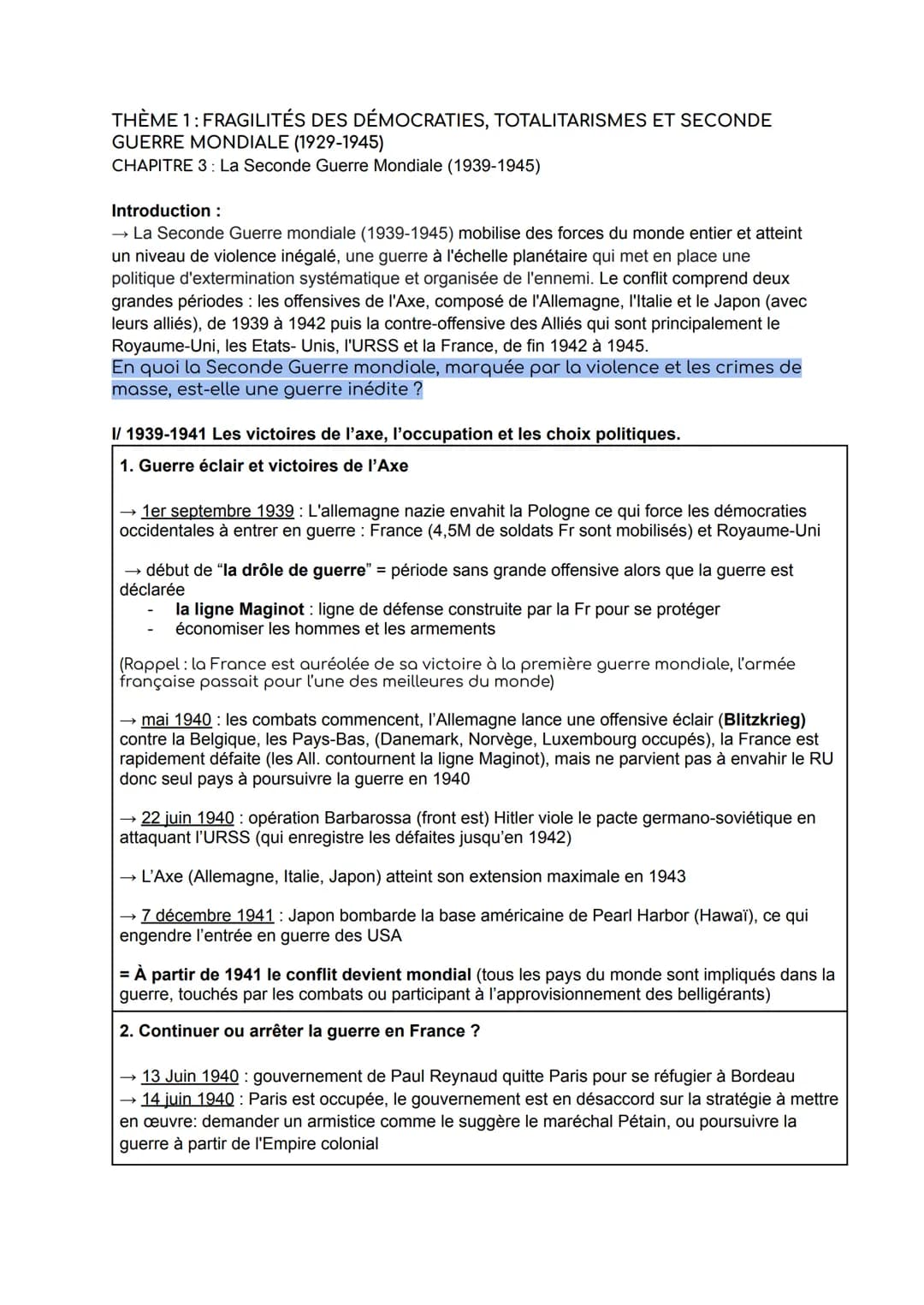 THÈME 1: FRAGILITÉS DES DÉMOCRATIES, TOTALITARISMES ET SECONDE
GUERRE MONDIALE (1929-1945)
CHAPITRE 3: La Seconde Guerre Mondiale (1939-1945