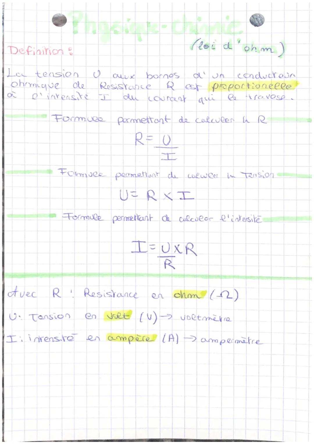 Definition:

La tension $u$ aux bornos d' un conducreun
ohrmique de Resistance $R$ est proportionelle
α @'intensite $I$ du courant qui Re ir