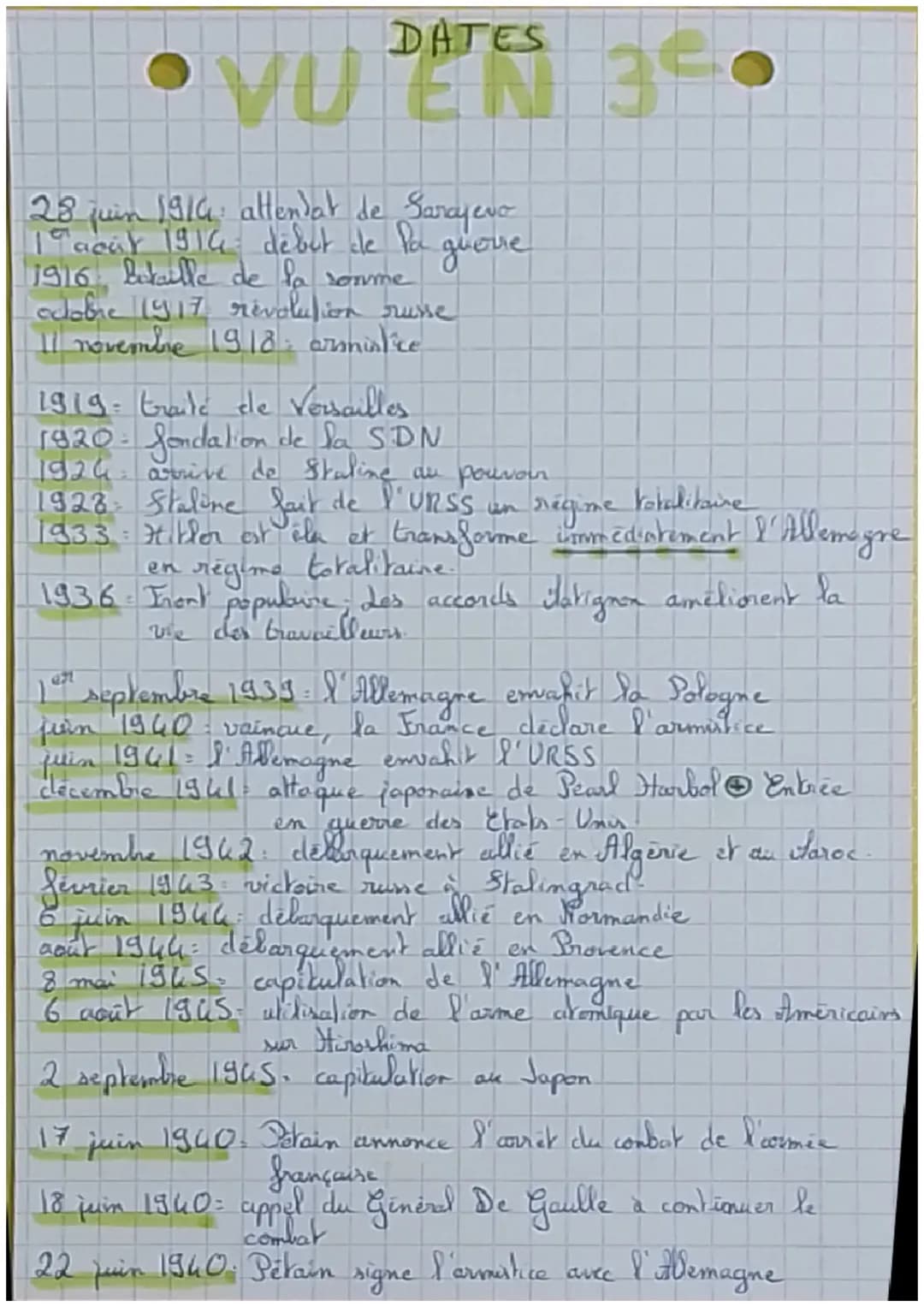 VU DETES 3.
28 juin 1914: attendat de Sarayevo
1 août 1914 debut de Par
1916 litaille de la somme
odobe 1917 révolution russe
11 novembre 19