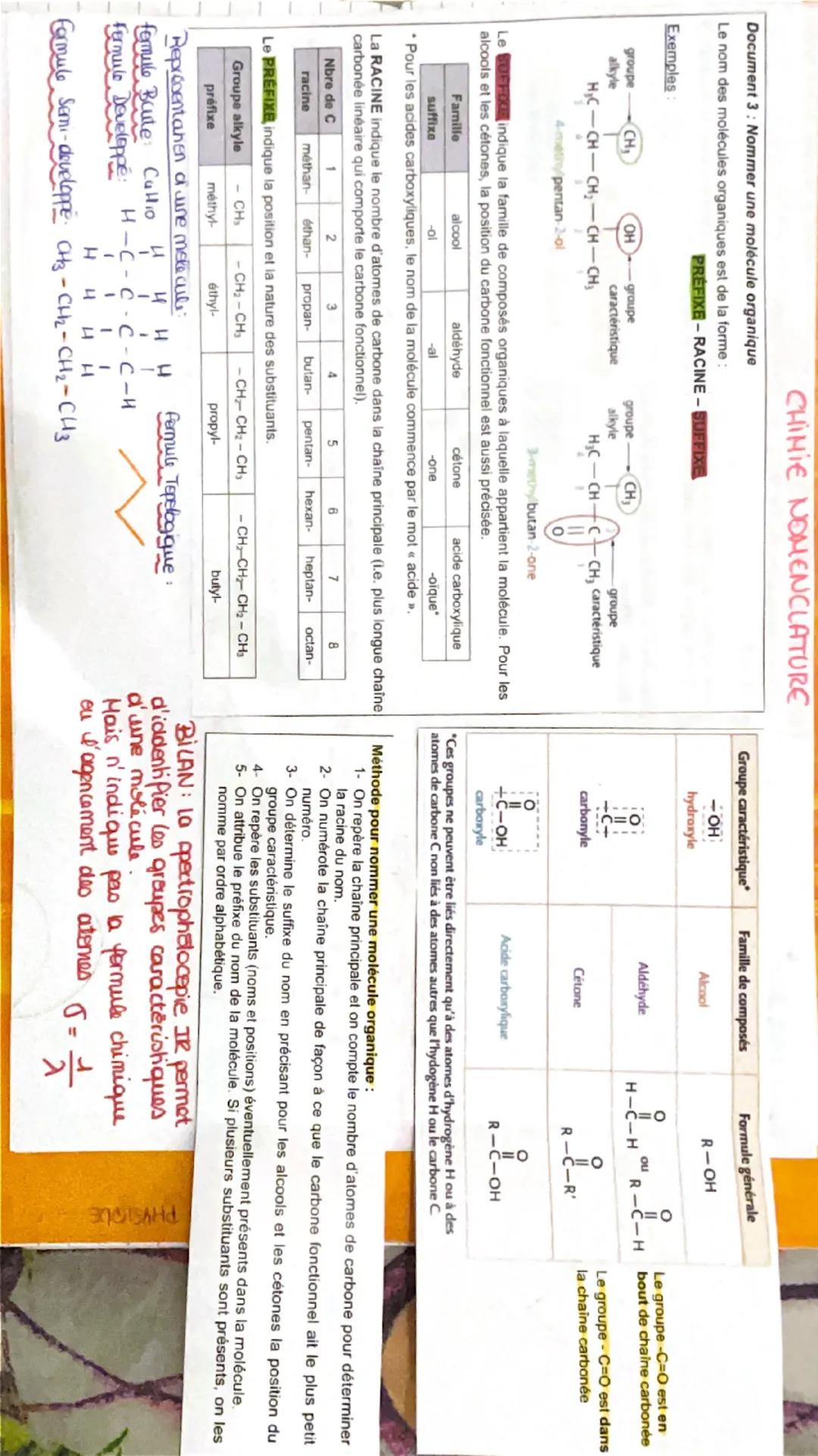 CHIMIE NOMENCLATURE

Document 3: Nommer une molécule organique
Le nom des molécules organiques est de la forme:
PREFIXE-RACINE-SUFFIXE

Grou