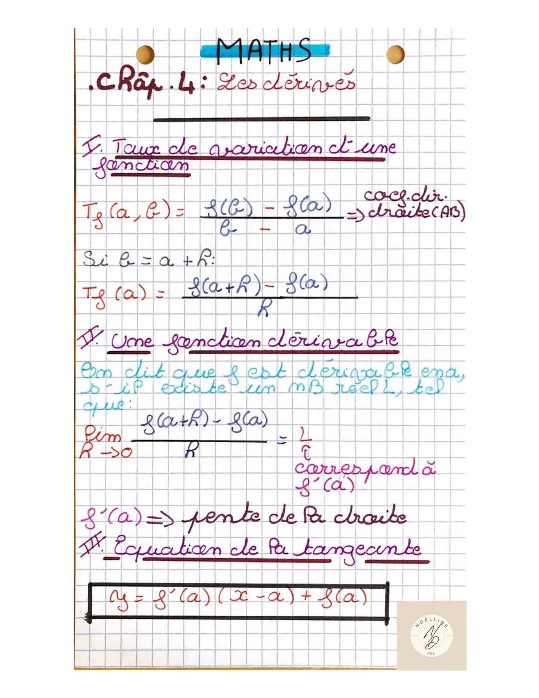 MATHS
Chap 4: Les dérives
I. Tawe de variation et une
fancian
coce.dir.
Te (a, b) = S(C) - Sca) =) droite (AB)
b
Si b = a + hi
(a) = f(a+h)-