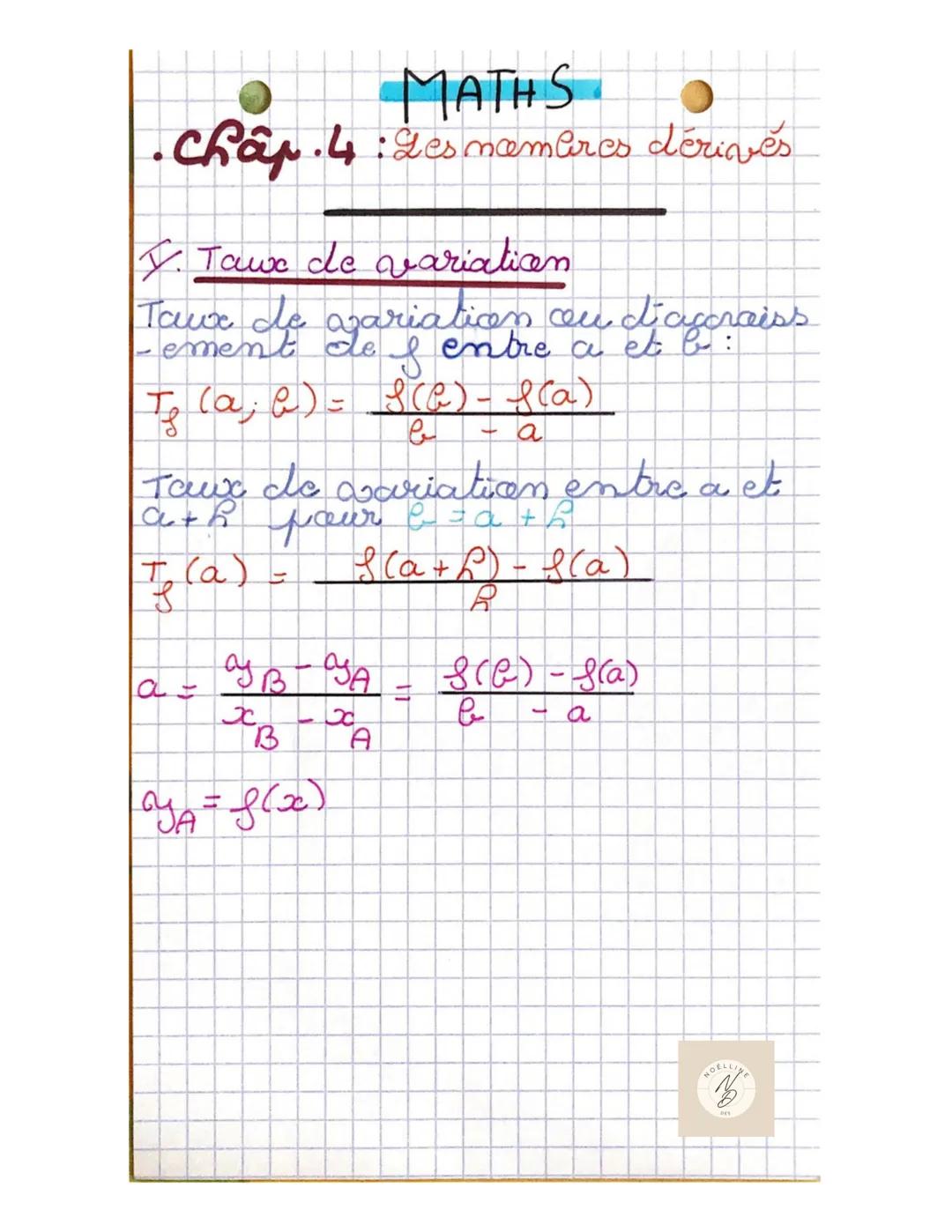 MATHS
Chap 4: Les dérives
I. Tawe de variation et une
fancian
coce.dir.
Te (a, b) = S(C) - Sca) =) droite (AB)
b
Si b = a + hi
(a) = f(a+h)-