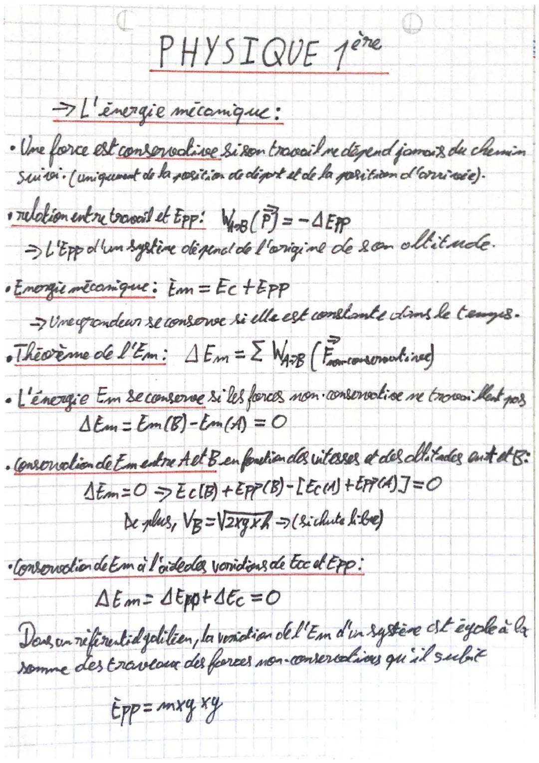 C
# PHYSIQUE jère

$
\Rightarrow$ L'énergie mécanique:

*   Ume force est conservative si son travail me dépend jamais du chemin
    Suivi. 