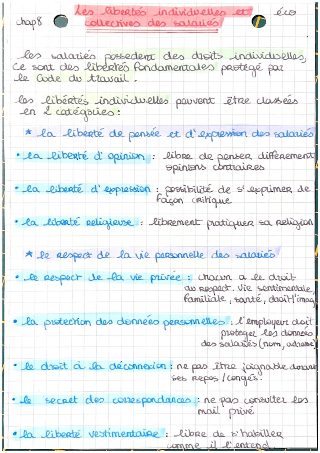 Les libertés individuelles et
collectives des salariés
F
chap 8
les salariés possedent des droits individuelles,
Ce sont des libertés fondam