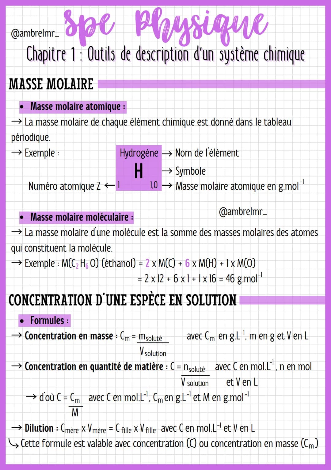 spe physique
@ambrelmr_
Chapitre 1: Outils de description d'un système chimique
MASSE MOLAIRE
Masse molaire atomique :
→ La masse molaire de