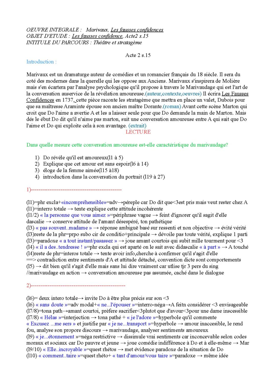 PDF Analyse linéaire Les Fausses Confidences acte 2 scène 15 - Bac français