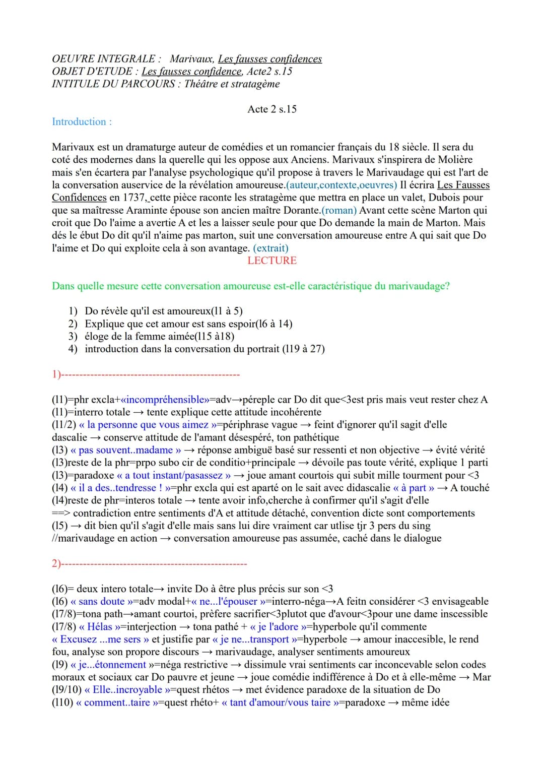 OEUVRE INTEGRALE: Marivaux, Les fausses confidences
OBJET D'ETUDE : Les fausses confidence, Acte2 s.15
INTITULE DU PARCOURS : Théâtre et str