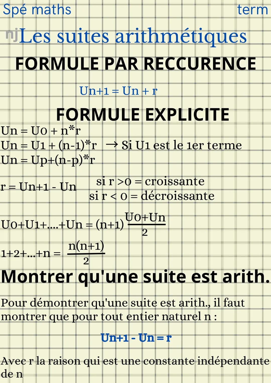 Spé maths
njLes suites arithmétiques
FORMULE PAR RECCURENCE
Un+1 = Un +r
FORMULE EXPLICITE
Un = U0 + n*r
Un = U1 + (n-1)*r → Si U1 est le 1e