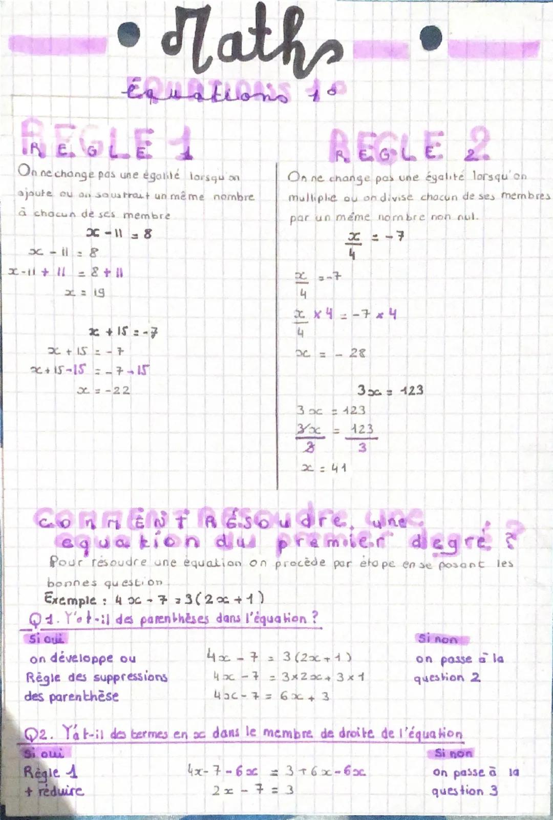 • Maths
Équations 10
REGLE 1
On ne change pas une égalité lorsqu'on
ajoute ou on soustrait un même nombre
à chacun de ses membre
x-11 = 8
x 