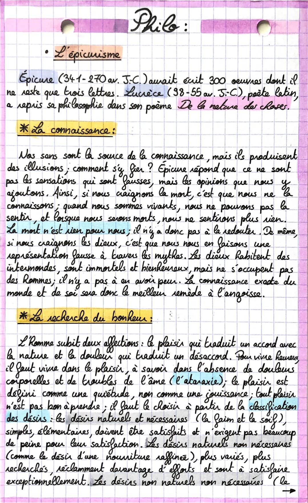 Philo:
L'épicurisme
Épicure (341-270 av. J.-C.) amait écrit 300 oeuvres dont il
ne reste
trois lettres. Lucrèce (38-55 av. J.-C.), poète lat