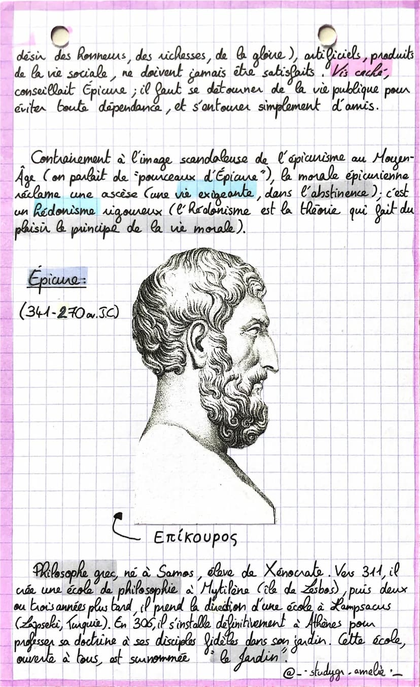 Philo:
L'épicurisme
Épicure (341-270 av. J.-C.) amait écrit 300 oeuvres dont il
ne reste
trois lettres. Lucrèce (38-55 av. J.-C.), poète lat