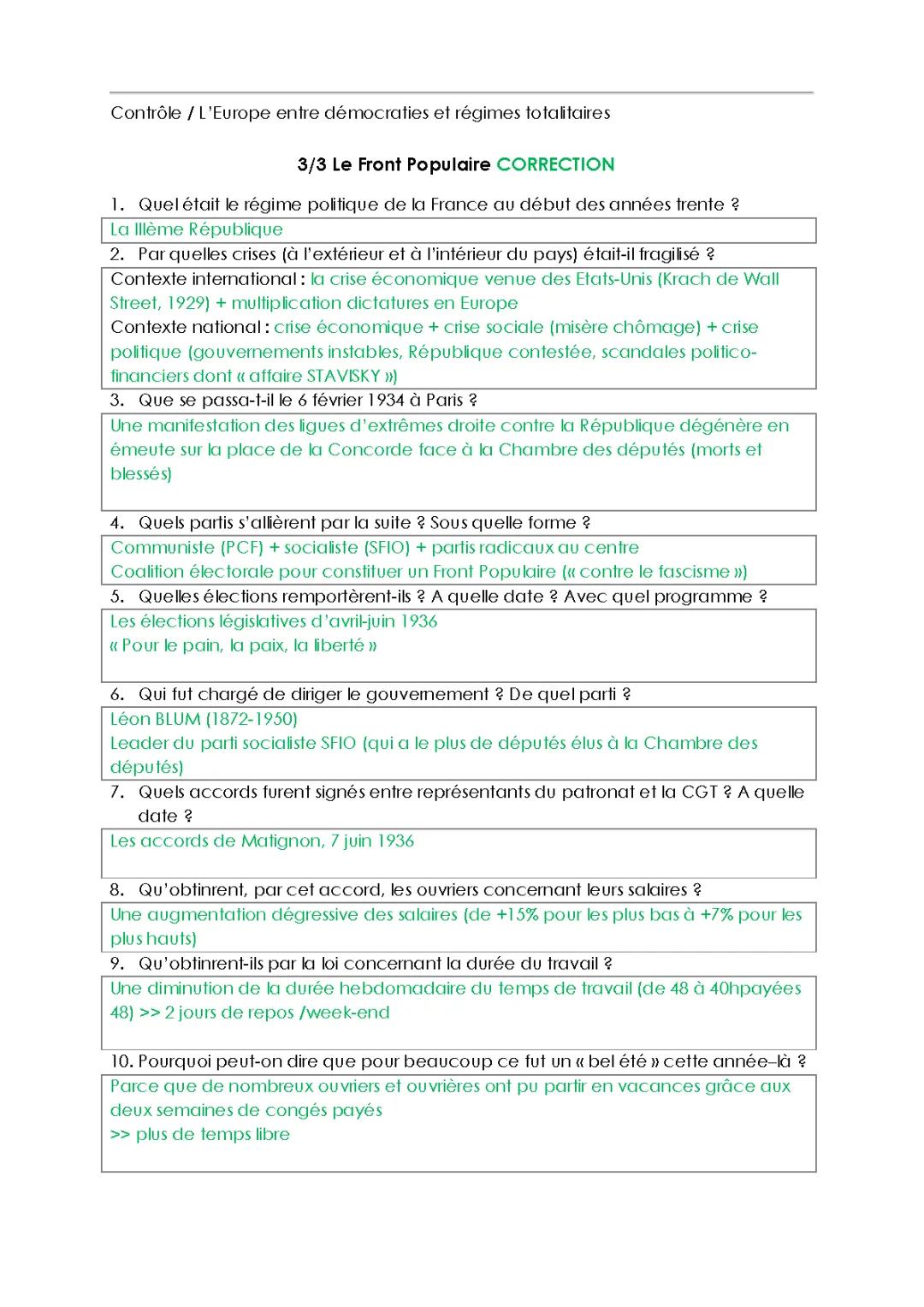 Exercice brevet blanc : Le Front Populaire