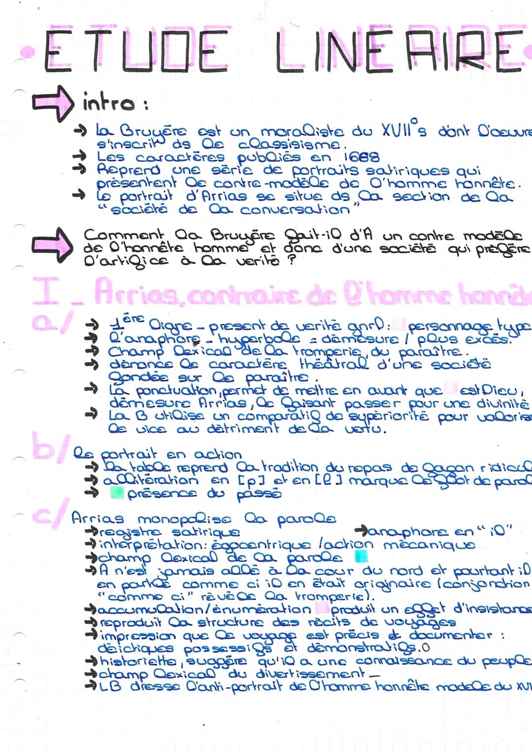 ETUDE LINEAIRE
intro :
La Bruyère est un moraliste du XVII's dont Occuure
s'inscrit de Oe classisisme.
↑
al
I_Arrias,contraire de l'homme ha