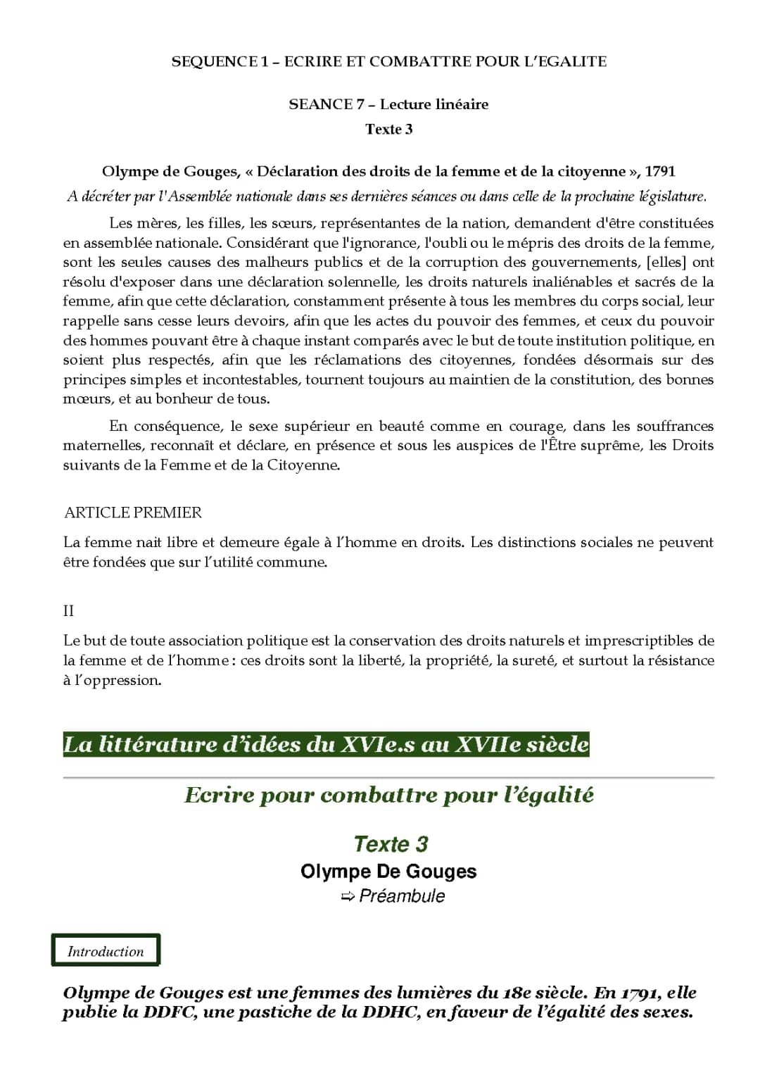 Préambule d'Olympe de Gouges : Analyse et Révision