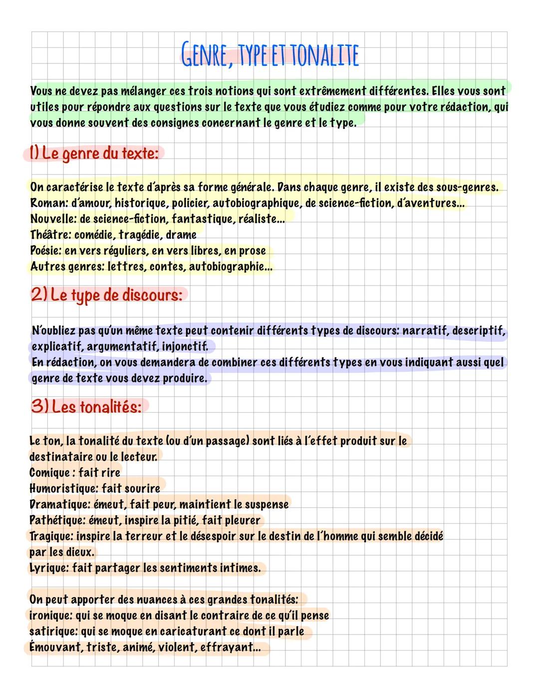 GENRE, TYPE ET TONALITE
Vous ne devez pas mélanger ces trois notions qui sont extrêmement différentes. Elles vous sont
utiles pour répondre 