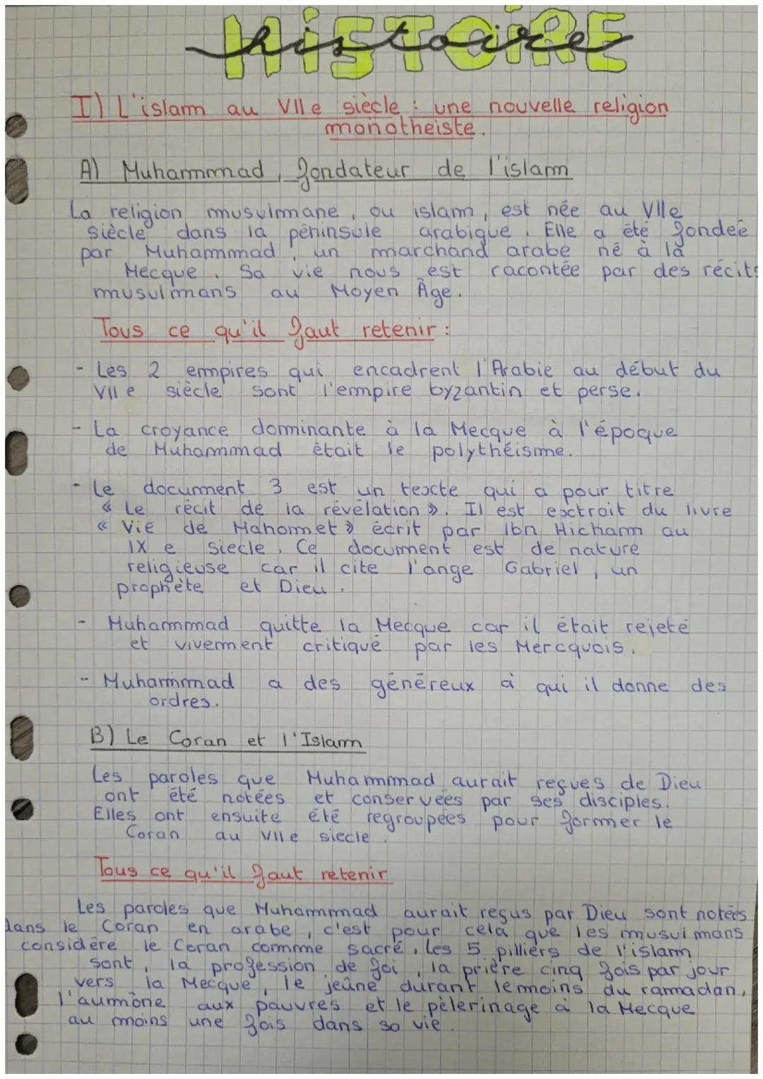 0
histoire
I L'islam au VIIe siècle : une nouvelle religion
monotheiste.
A) Muhammad, fondateur de l'islam
La religion musulmane
siècle dans
