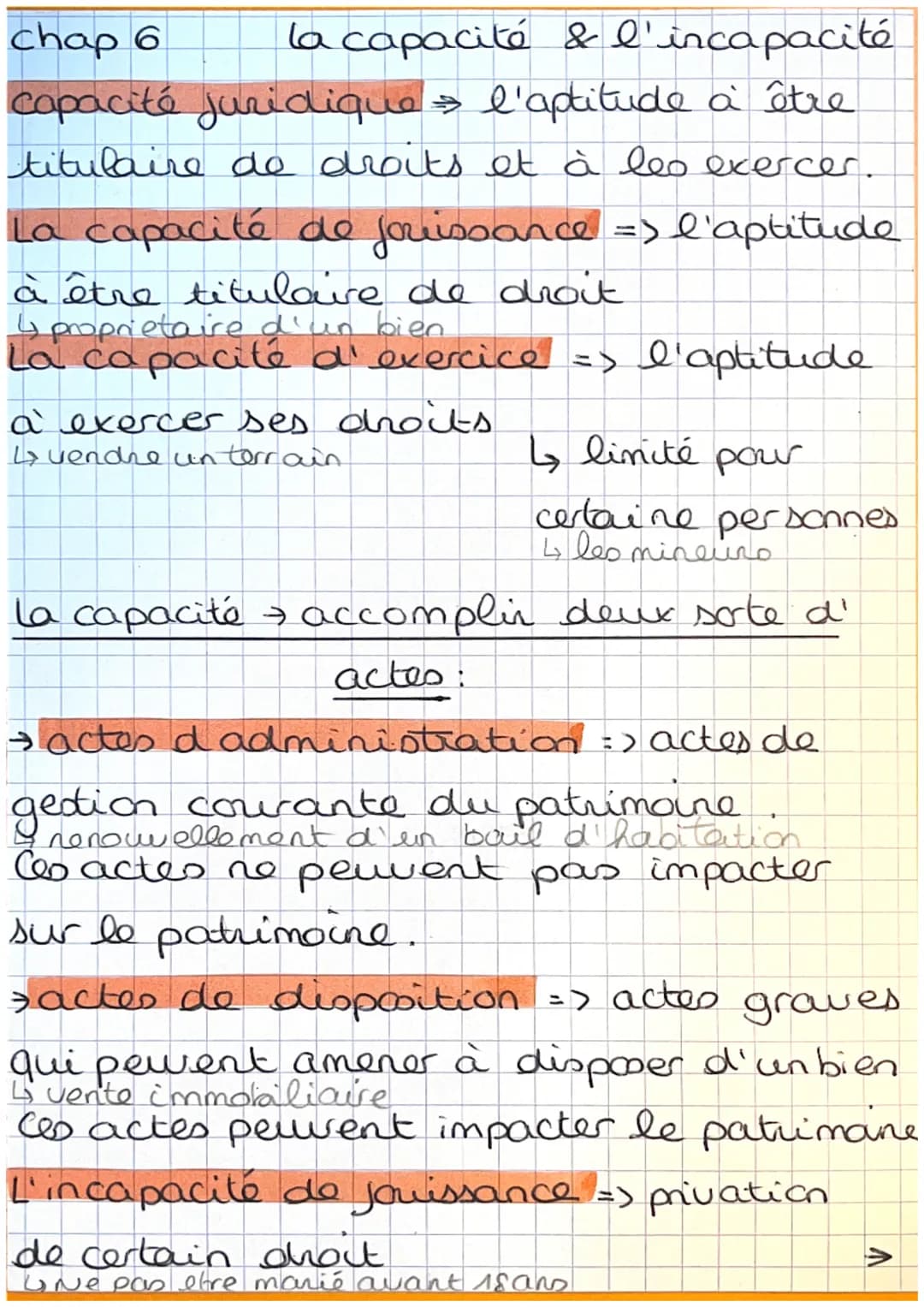 chap 6 la capacité & l'incapacité
capacité juridique l'aptitude à être
titulaire de droits et à leo exercer.
La capacité de jouissance => l'