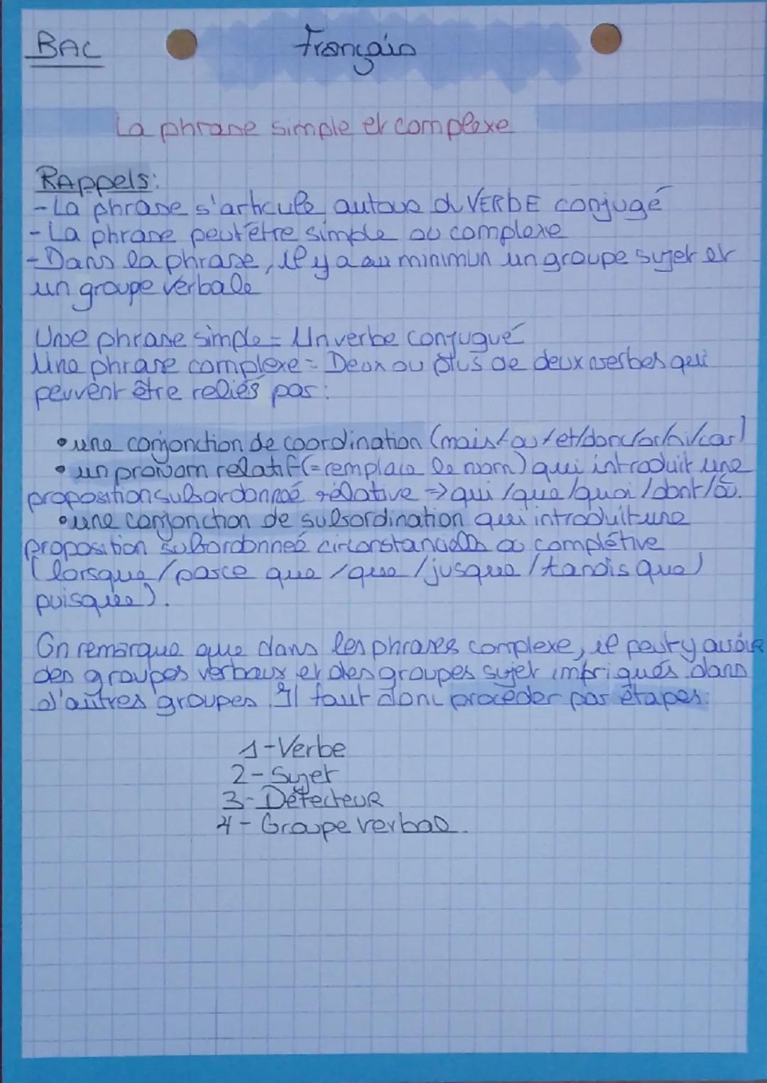 --- OCR Start ---
BAC
Frangio
La phrane simple et complexe
Rappels:
-La phrase s'articule, autous du VERDE conjugé
- La phrase peutêtre simp