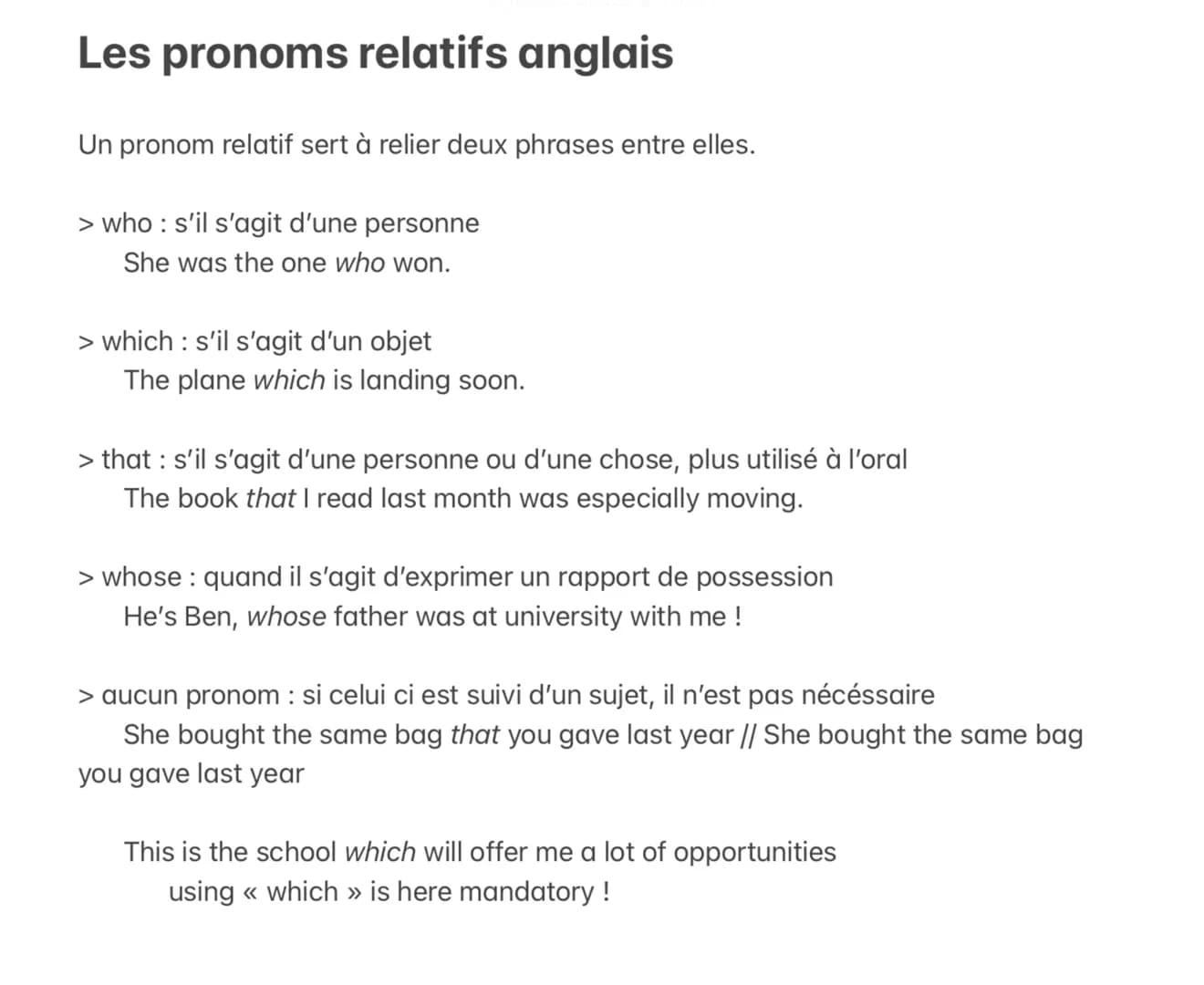 Les pronoms relatifs anglais
Un pronom relatif sert à relier deux phrases entre elles.
> who : s'il s'agit d'une personne
She was the one wh