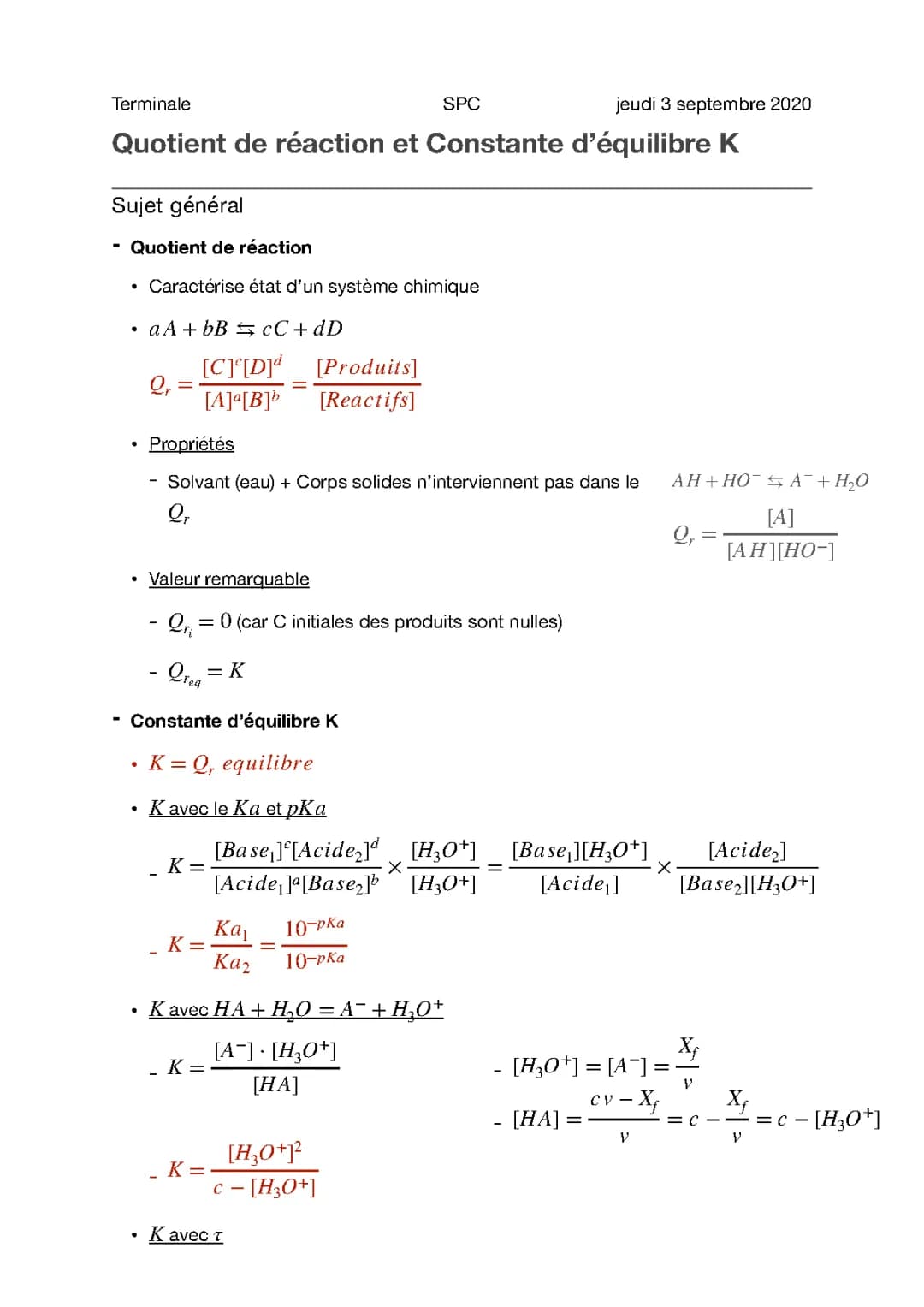 Quotient de réaction et constante d'équilibre - Exercices corrigés et formules simples