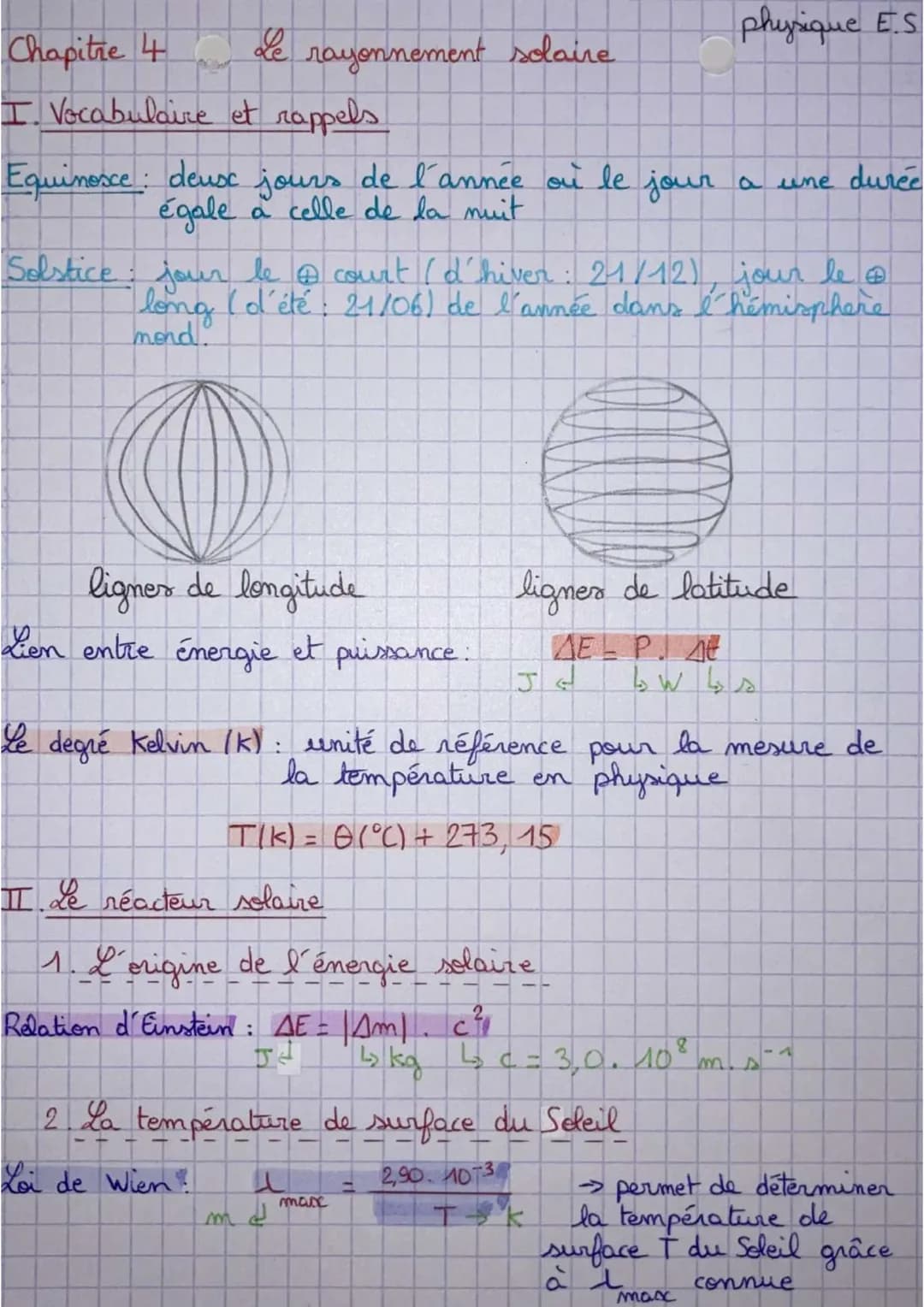 Chapitre 4
I. Vocabulaire
Le rayonnement solaire
et rappels
Equinoxe: deux jours de l'année où le jour a une durée
égale
a celle de la nuit
