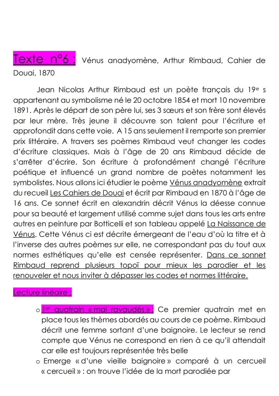 Lecture linéaire n°6 : « Vénus anadyomène », Arthur Rimbaud, Cahiers de Douai,
1870.
met on
place themes,
femme sortant
baignoire
d'une
Suit