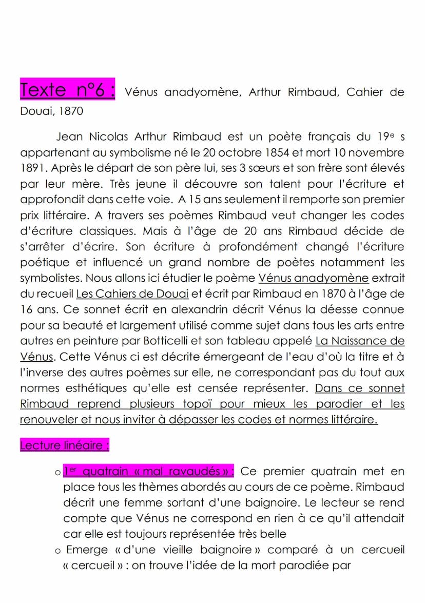 Lecture linéaire n°6 : « Vénus anadyomène », Arthur Rimbaud, Cahiers de Douai,
1870.
met on
place themes,
femme sortant
baignoire
d'une
Suit