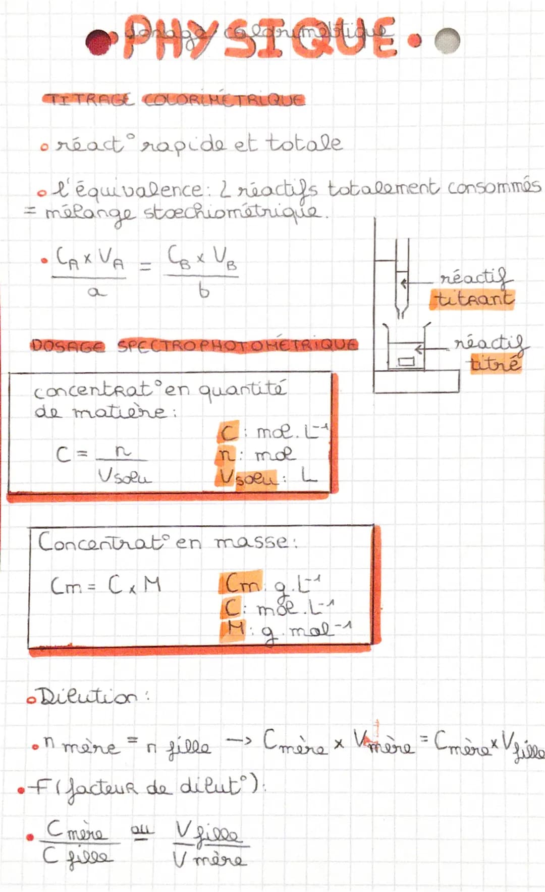 •PHYSIQUE O
TITRAGE COLORIMETRIQUE
•réact rapide et totale.
0
• l'équivalence: 2 reactifs totalement consommées
= mélange stoechiométrique.
