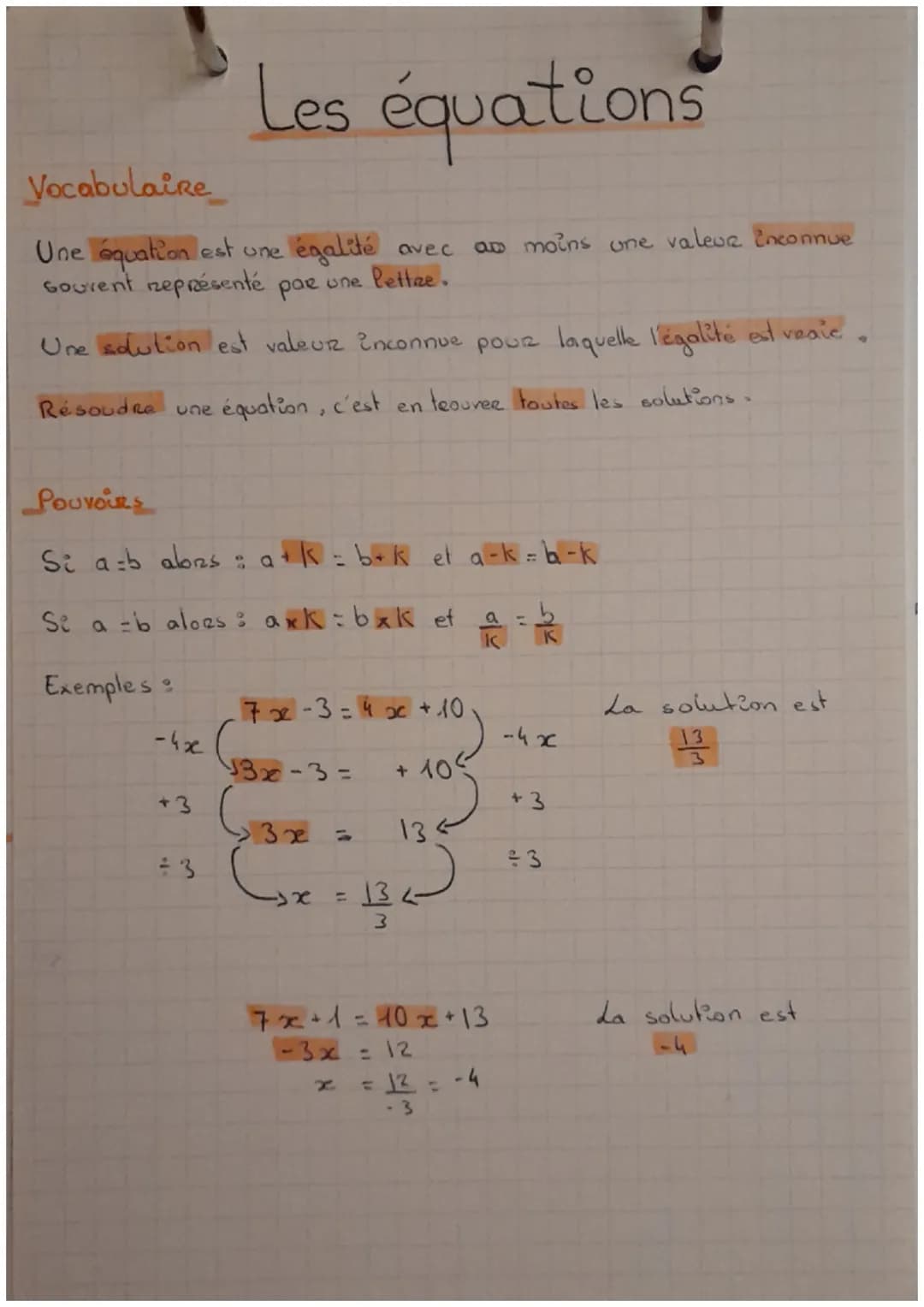 Vocabulaire
Les équations
Une équation est une égalité
avec
ap moins une valeur inconnue
Gouvent représenté
pae
une
lettre.
Une solution est
