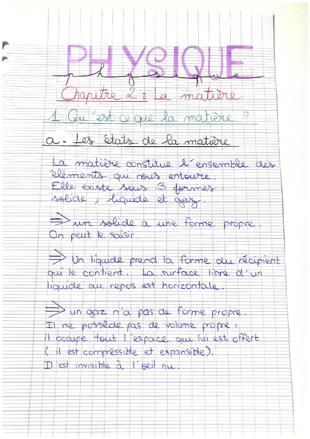 : PHYSIQUE

Chapitre 2: La matière

1. Qu'est ce que la matière ?

a. Les états de la matière

La matière constitue l'ensemble des
éléments 
