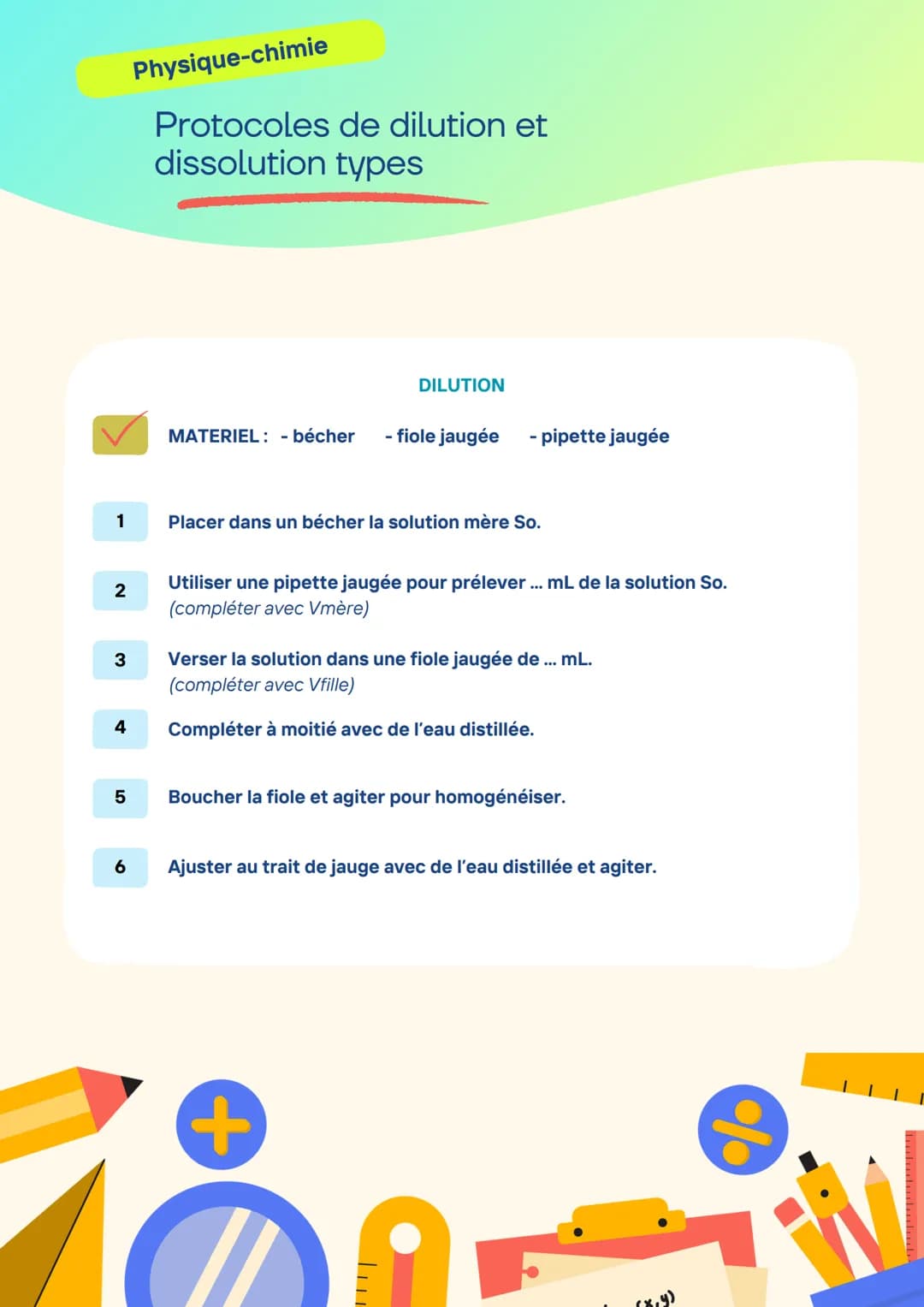 Physique-chimie
Protocoles de dilution et
dissolution types
DILUTION
MATERIEL: - bécher - fiole jaugée - pipette jaugée
1
Placer dans un béc