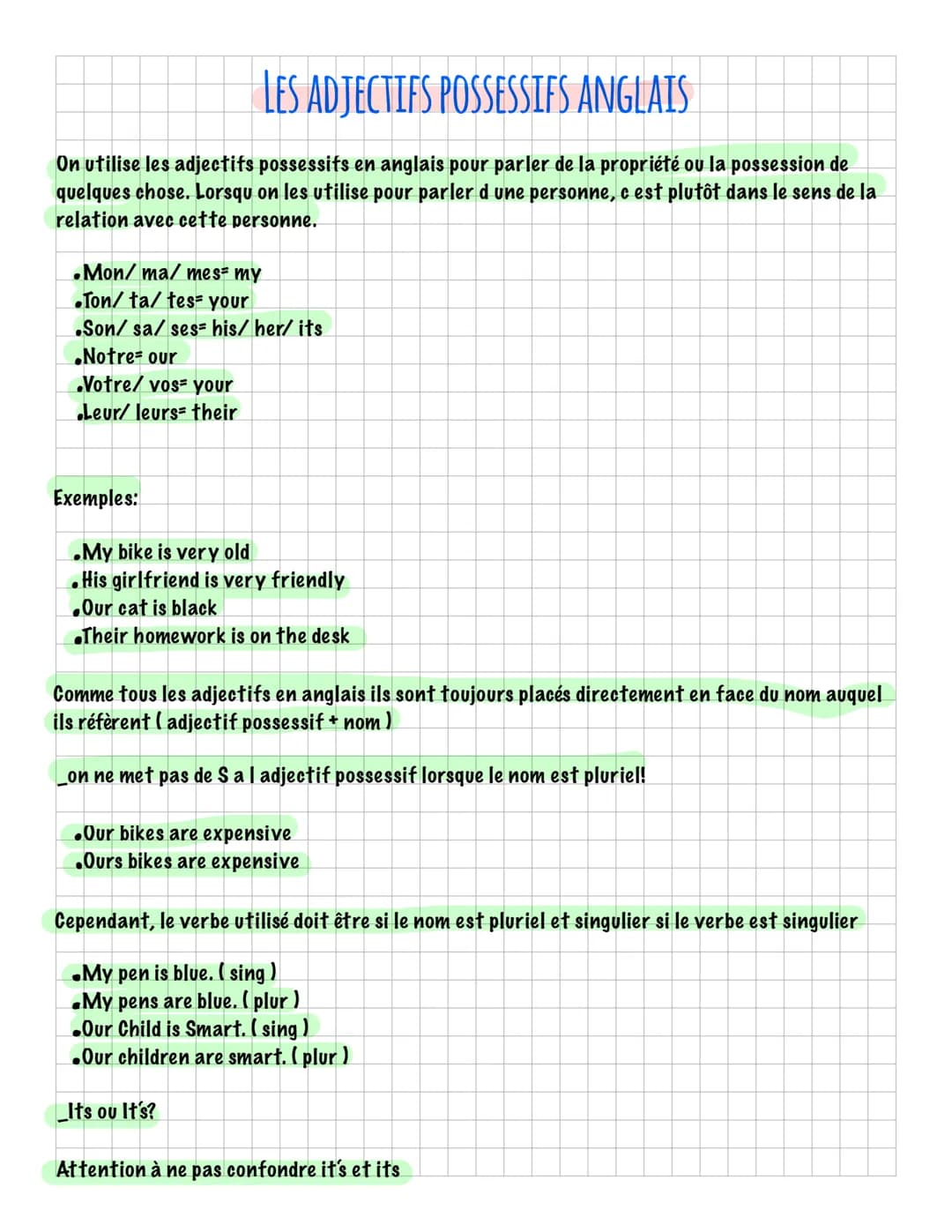 LES ADJECTIFS POSSESSIFS ANGLAIS
On utilise les adjectifs possessifs en anglais pour parler de la propriété ou la possession de
quelques cho