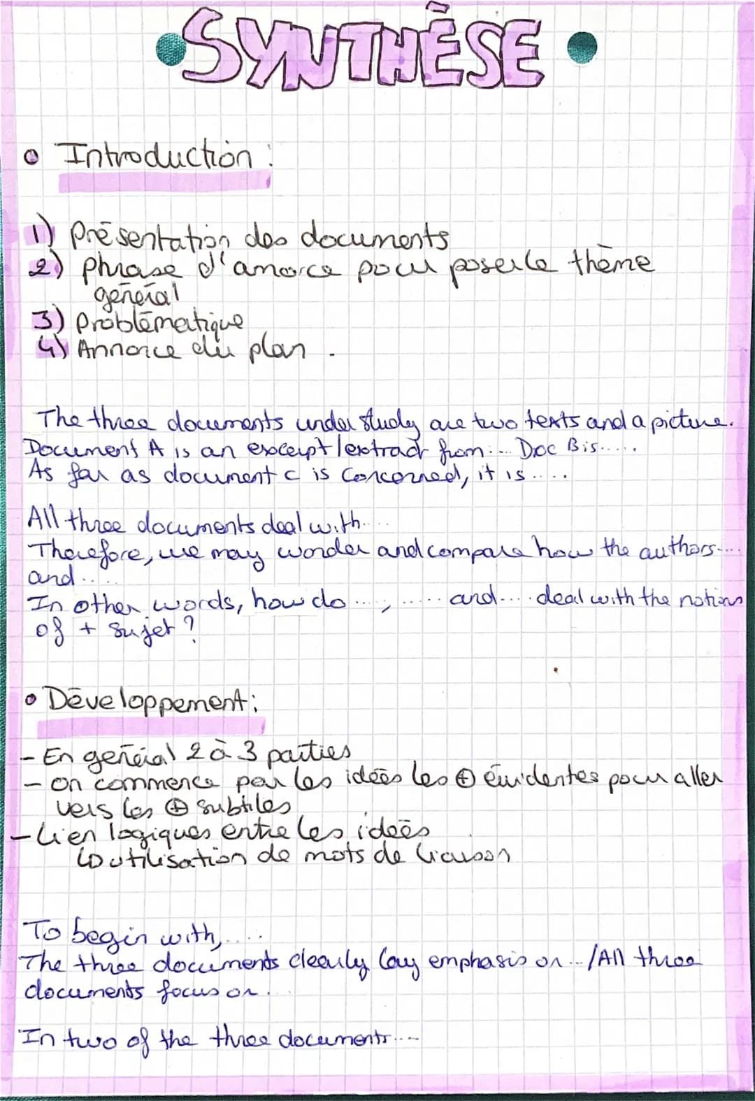 Document 2. and 3..
This dowment highlights / showcases/references lemphasizes/
Lays the stress on....
Last but not least
Dans chaque partie