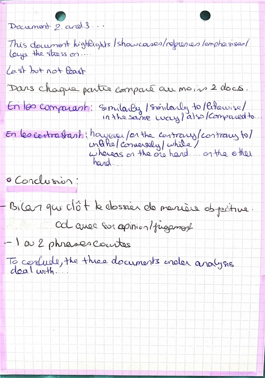 Document 2. and 3..
This dowment highlights / showcases/references lemphasizes/
Lays the stress on....
Last but not least
Dans chaque partie