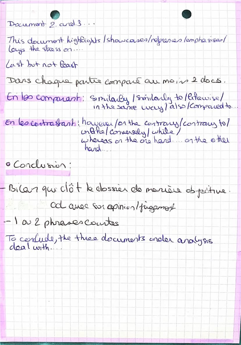 Document 2. and 3..
This dowment highlights / showcases/references lemphasizes/
Lays the stress on....
Last but not least
Dans chaque partie