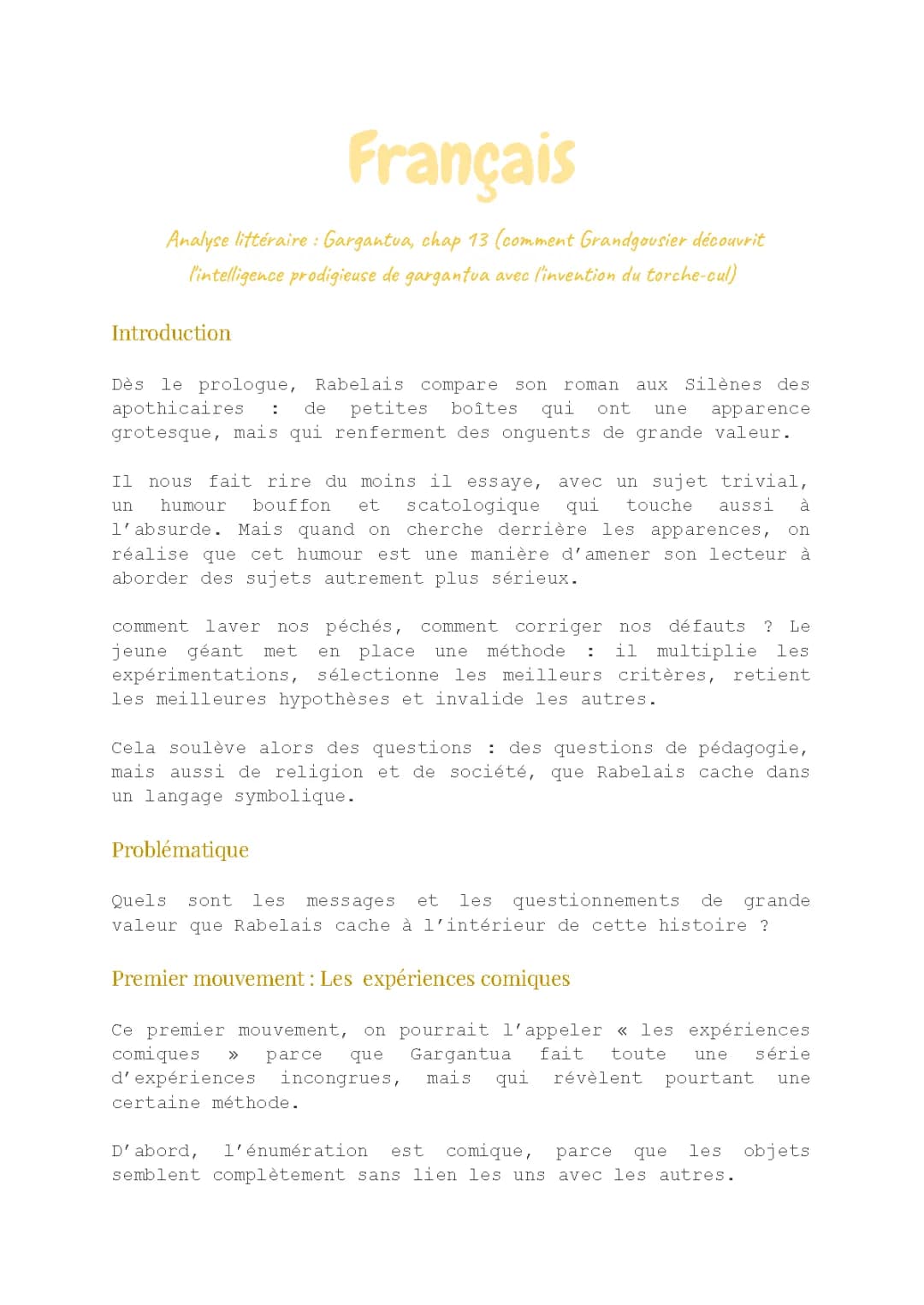 Analyse littéraire : Gargantua, chap 13 (comment Grandgousier découvrit l'intelligence prodigieuse de gargantua avec l'invention du torche-cul)