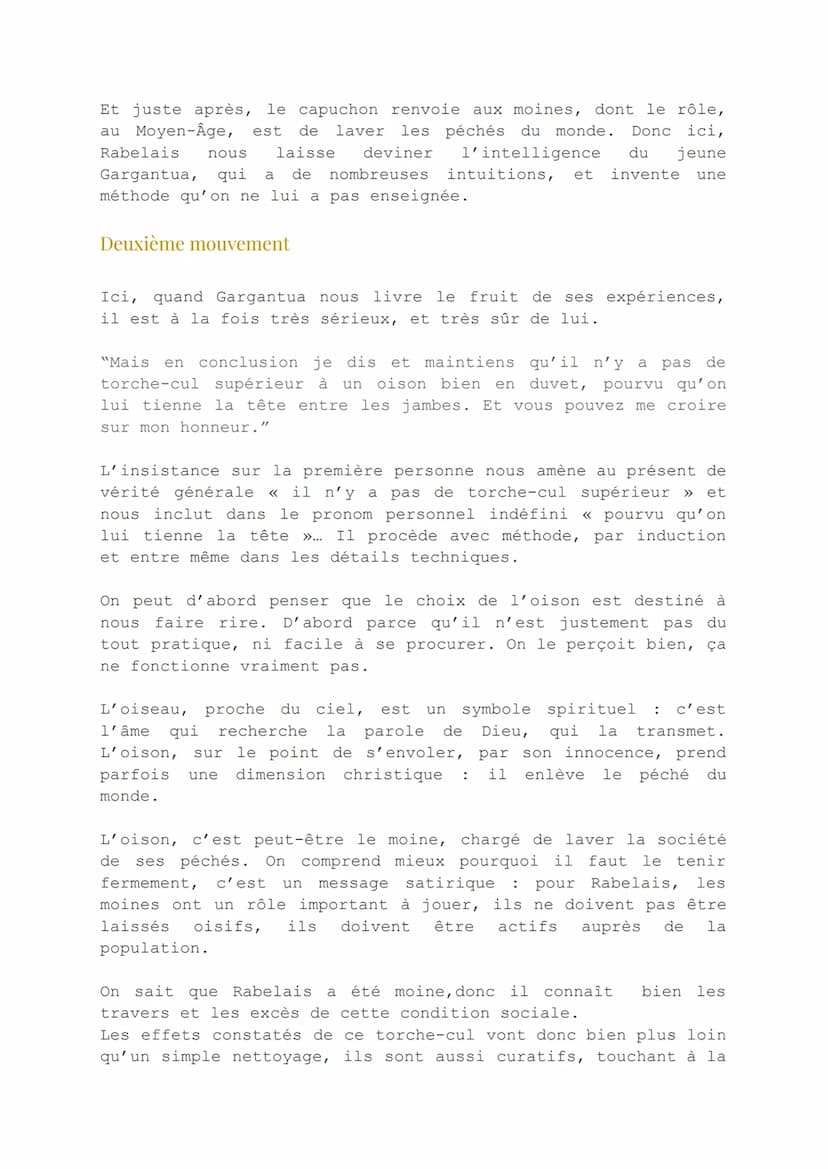 Français
Analyse littéraire : Gargantua, chap 13 (comment Grandgousier découvrit
l'intelligence prodigieuse de gargantua avec l'invention du