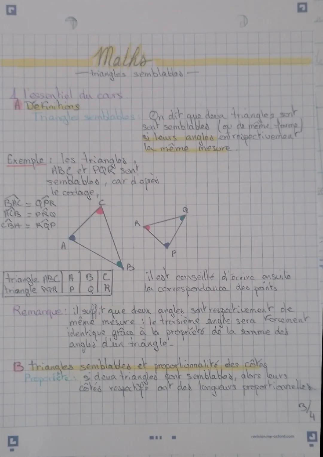 maths
triangles égaux.
L'essentiel du cours.
Definitions
Triangle again
On dit que deux triangles sont égaux
(isometriques ) si leurs 3 côte