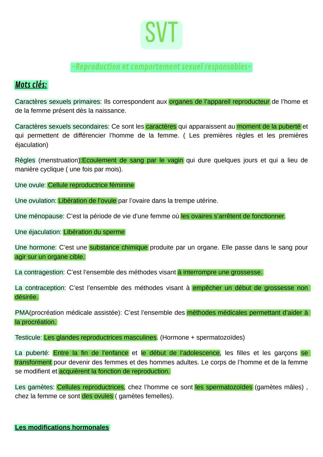 --- OCR Start ---
Mots clés:
SVT
-Reproduction et comportement sexuel responsables-
Caractères sexuels primaires: Ils correspondent aux orga