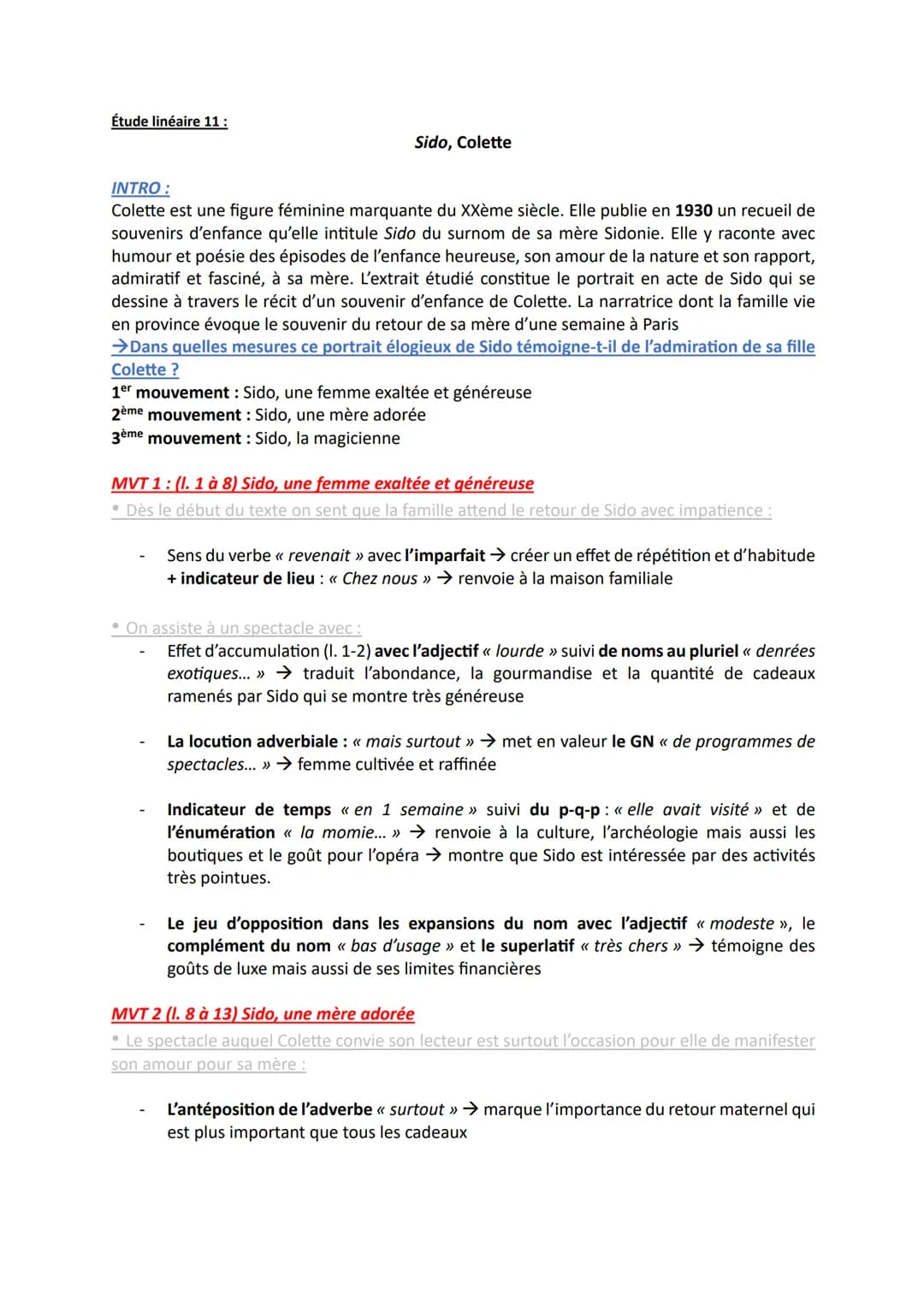 Analyse linéaire Sido, Colette